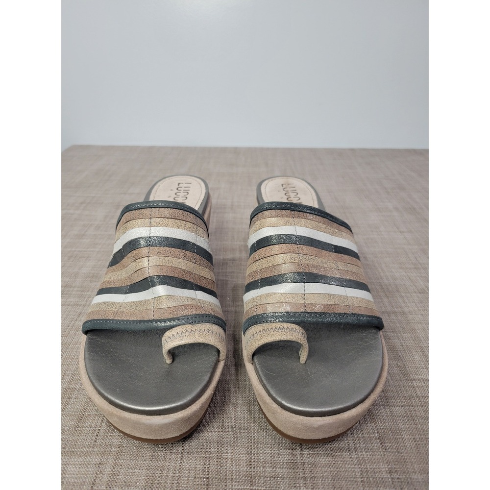 Lucca Lane Leanore Tan Multi Metallic Striped Leather Suede Wedge Sandals 8.5M - Picture 3 of 7
